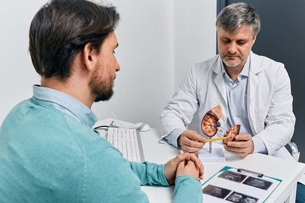 Adult man during consultation with experienced urologist about his kidney disease and treatment at medical clinic. Kidneys health